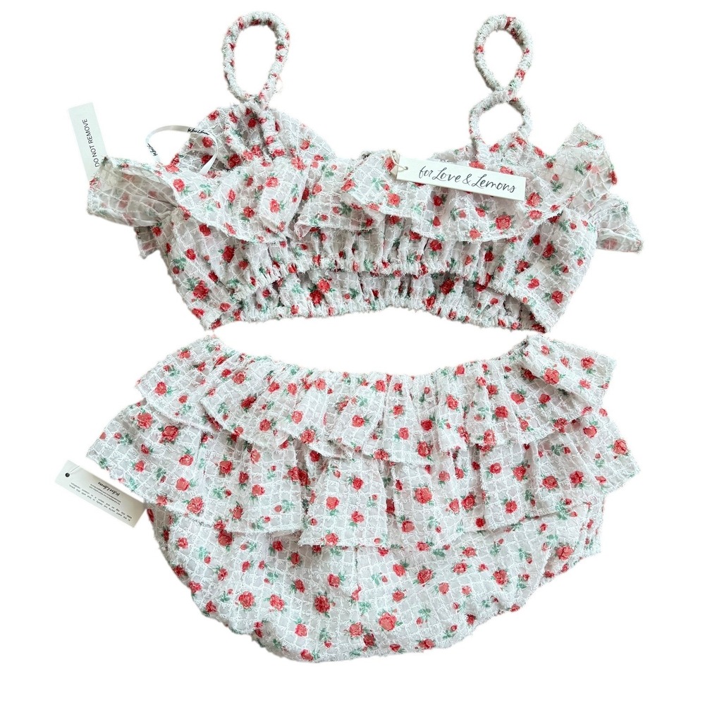 For Love & Lemons Floral Ruffle Crop Top and Shorts Set White Red Small NEW - Picture 7 of 13